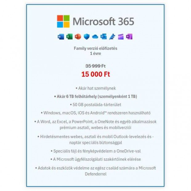 Microsoft 365 (Office) 1 ves elfizets + 6 TB Onedrive felhtrhely