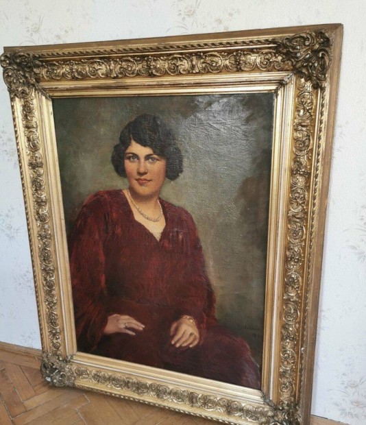 Mihlovits Mikls - Ni portr 1940 antik festmny aranyozott keretben