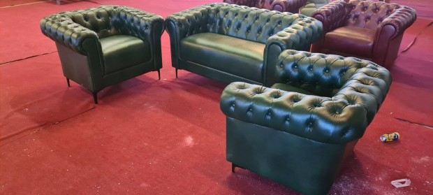 Minőség!Új chesterfield zöld valódi bőr kanapé +2 fotel 849eft