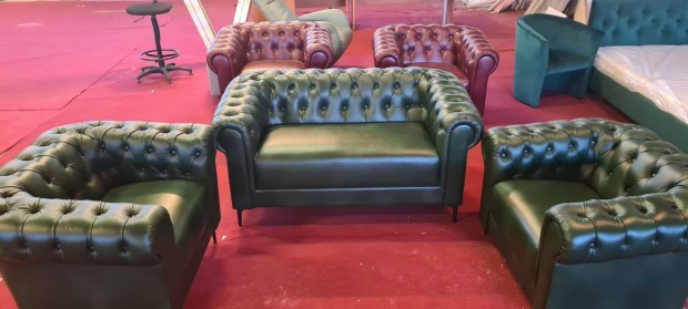 Minőség!!!új zöld valódi bőr chesterfield kanapé + 2 fotel 849eft