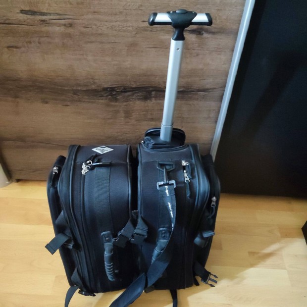Motoros nyeregtáska, gurulós bőrönd. Keveset használt, új állapotú