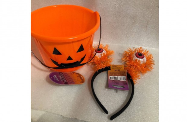 Műanyag Halloween vödör tök mintás - 20 x 15 cm + szem hajráf