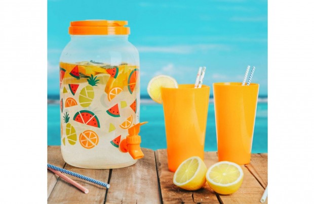 Műanyag Italadagoló csappal hordozható kerti limonádé 3,8l +4 db pohár