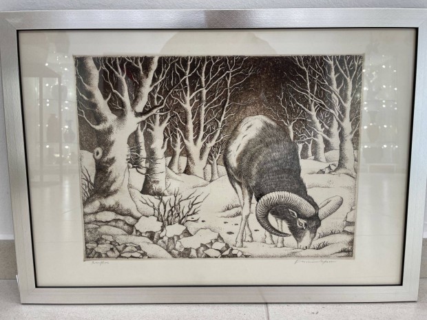 Muflon kos rézkarc grafika Ábrahám Rafael modern állatos tájkép