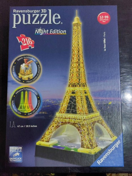 Nagy mret vilgt Eiffel-torony puzzle s jszakai fny