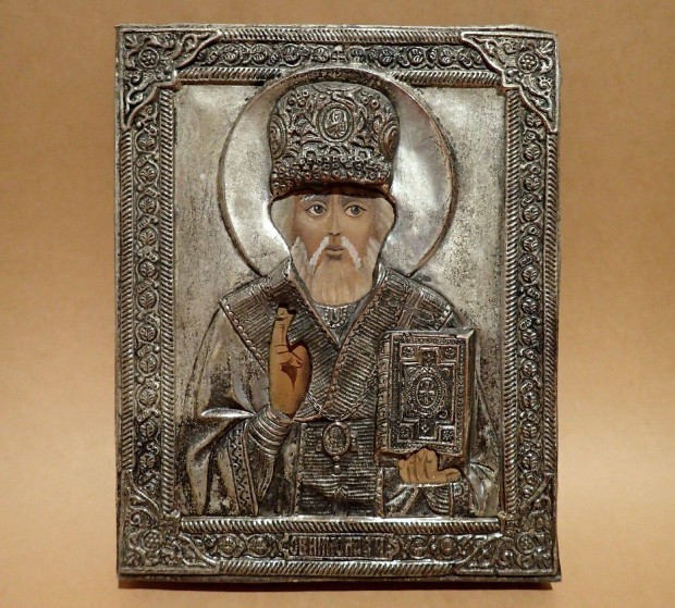 Nagyon rgi antik vintage meseszp okldos alpakka rz fa ortodox ikon