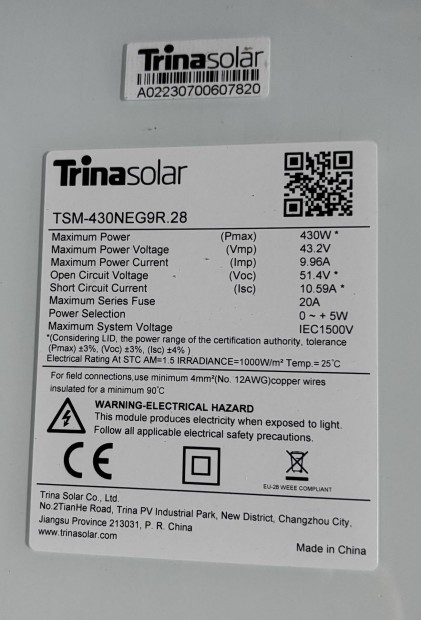 Napelem panel Trina Solar 430 w