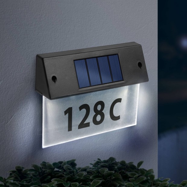 Napelemes Szolár 5 LED házszámfény házszám tábla fekete matricákkal