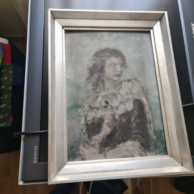 Nray Aurl Olaj-karton antik festmny rgisg / Lny virggal 41x31cm