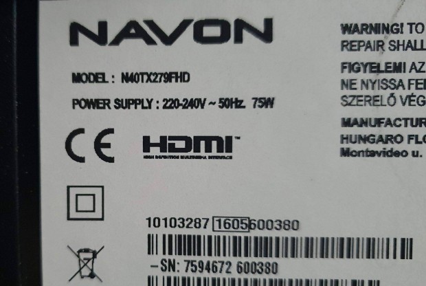 Navon N40TX279FHD 40" LED LCD tv hibs trtt alkatrsznek
