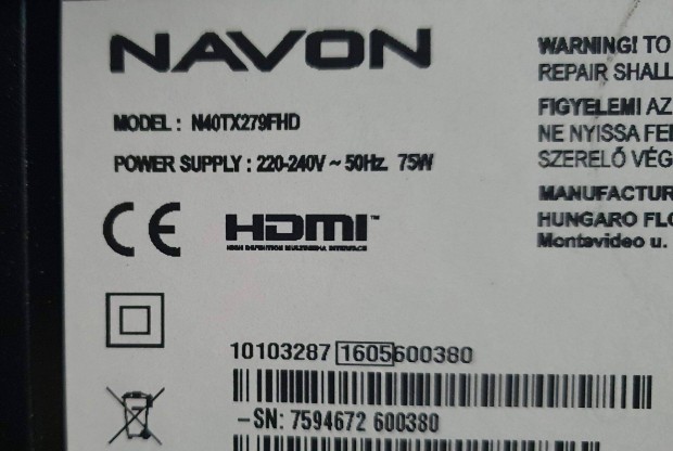 Navon N40TX279FHD LED tv 17IPS12  tp alkatrsznek,mainboard elkelt