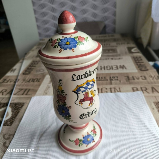 Német kerámia urna, fedeles váza eladó! 33 x 12 cm