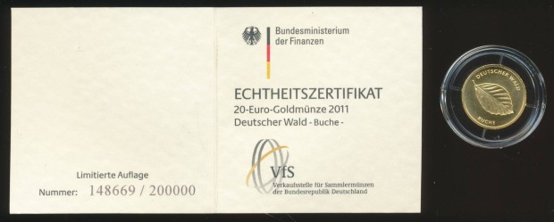 Nmetorszg 20 Euro 2011, aranyrme 999.9, motvum: bkkfa levl