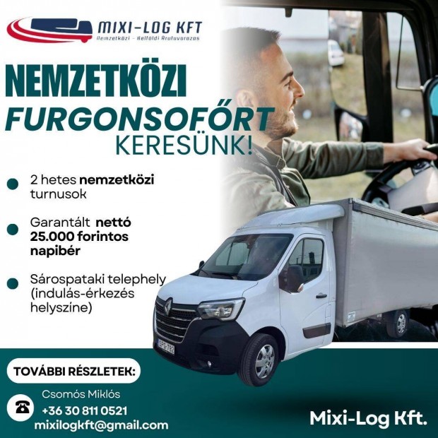 Nemzetközi furgon sofőrt keresünk " B" jogosítvánnyal!