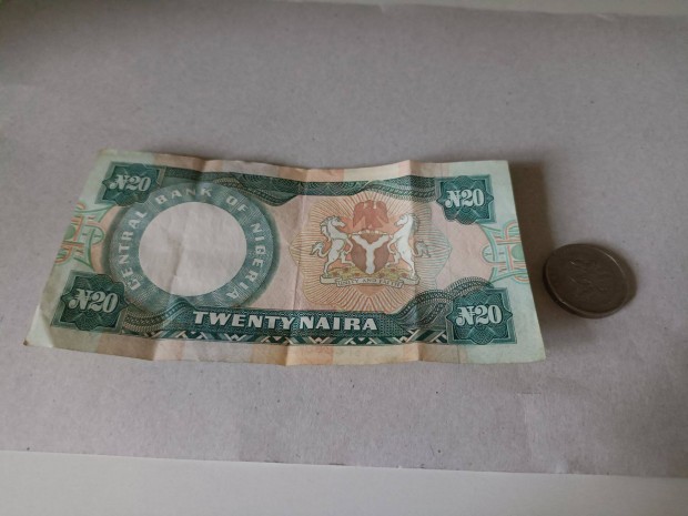 Nigériai 20 Naira papírpénz és 1 nairás pénzérme