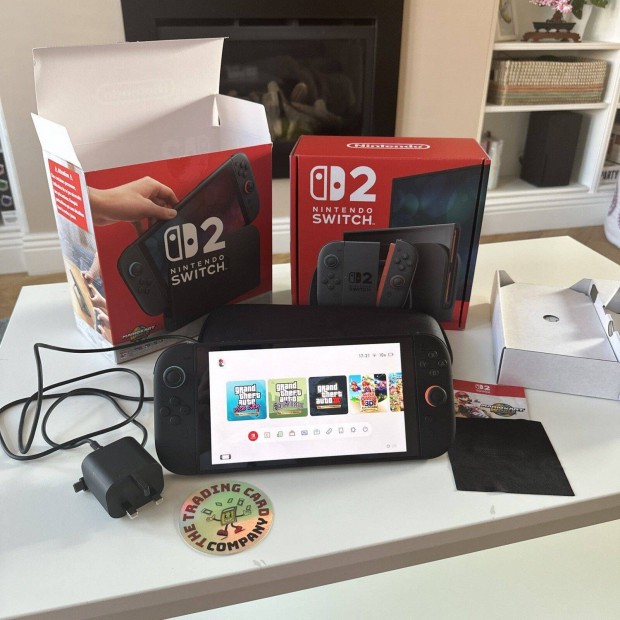 Nintendo Switch 2 dobozban, Mario Kart-tal és hivatalos tokban