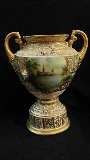 Nippon, antik porcelán, dús aranyozású, kézifestett porcelán váza