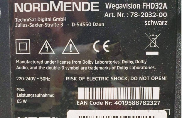 Nordmende FHD32A LED LCD tv hibás törött TP.MS3463S.PB751