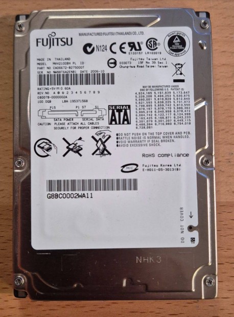 Notebook merevlemez Fujitsu, SATA I MHV2100BH PL, 100GB, 2.5" hibátlan
