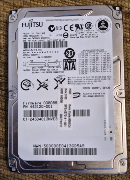 Notebook merevlemez Fujitsu, SATA I Mhw2160BH PL, 160GB, 2.5" hibátlan