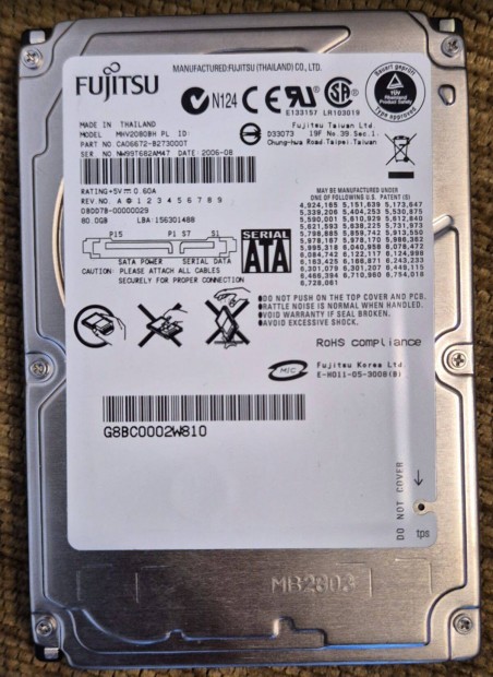 Notebook merevlemez Fujitsu, SATA I, MHV2080BH PL, 80GB, 2.5" hibátlan