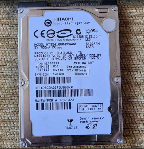 Notebook merevlemez Hitachi, SATA I, 0A50538 80GB, 2.5" 9mm, hibátlan