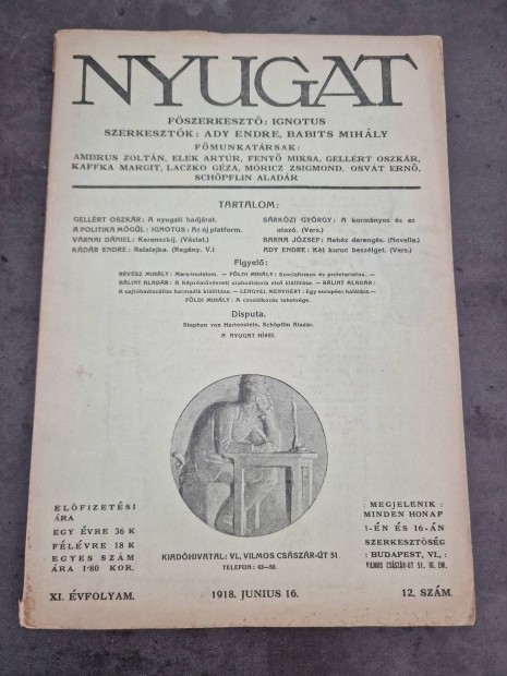 Nyugat folyirat, 1918. Jnius 16. szm, Eredeti, Hinytalan,Ritka!