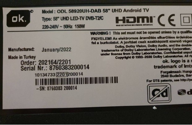 OK. ODL58920UH-DAB 58" Smart 4K UHD LED tv j Android hibs trtt
