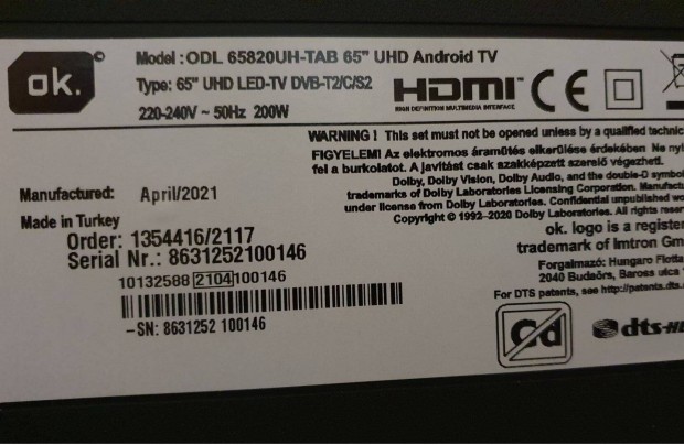 OK. ODL65820UH-TAB 65" Smart 4K UHD LED tv j Android hibs trtt
