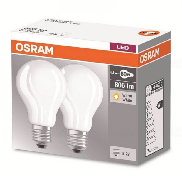 OSRAM Base LED Krte, Matt veg Bra, 7W, 806lm, 2700K, E27  2 db-os