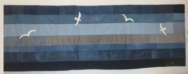 Óceán: falvédő, farmer patchwork, sirályokkal, 200x70 cm. Nowaste. Új