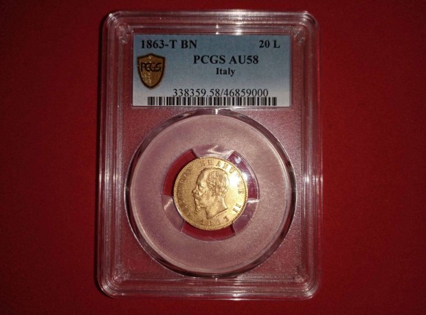 Olaszorszg arany 20 Lra 1863 Torino - 6,45g - Pcgs minstett rme