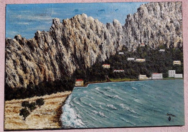 Omis Adriai tengerparti város látképe, nagy méretű olaj-vászon