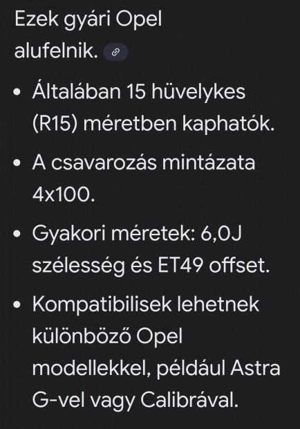 Opel Alufelni Szett R15 4x100 / 6,0J / ET49