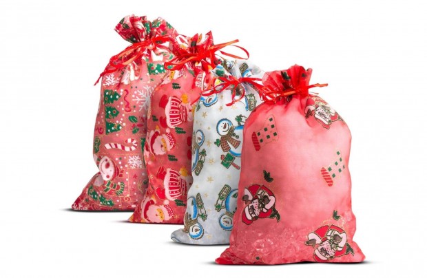 Organza ajándéktasak piros madzaggal - 12 db 20x30cm karácsonyi mintás