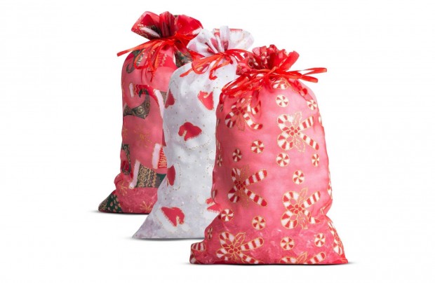 Organza ajándéktasak piros madzaggal - 12 db 20x30cm karácsonyi mintás