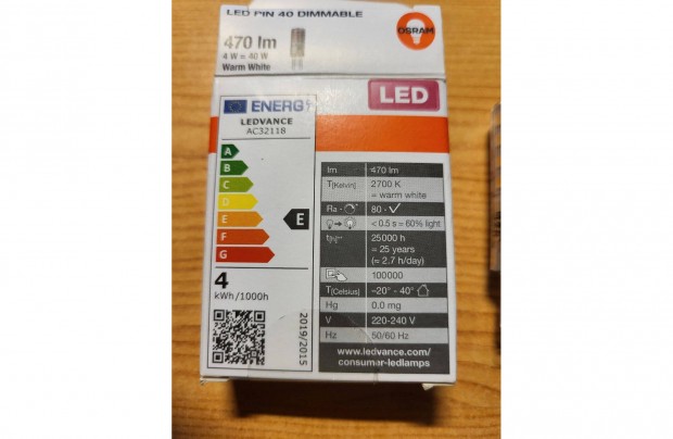 Osram G9 4W 2700K meleg fehr (a 2db 4000.-) Szablyozhat!!