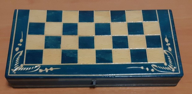 Összecsukható fa sakk készlet - kék-natúr - 26,5 cm x13 cm