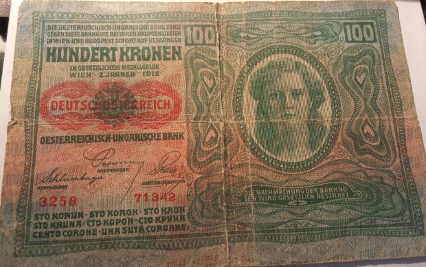 Osztrk magyar bankjegy 100 korona 1912 rgi forgalmi pnz, paprpnz