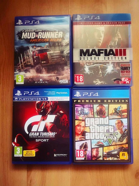 PS4 jtkok, Maffia 3, Grand Theft Auto 5, Gran Turismo, Mud Runner