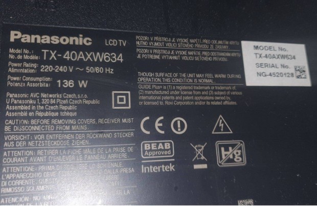 Panasonic TX-40Axw634 4K UHD LED LCD tv hibs trtt alkatrsznek