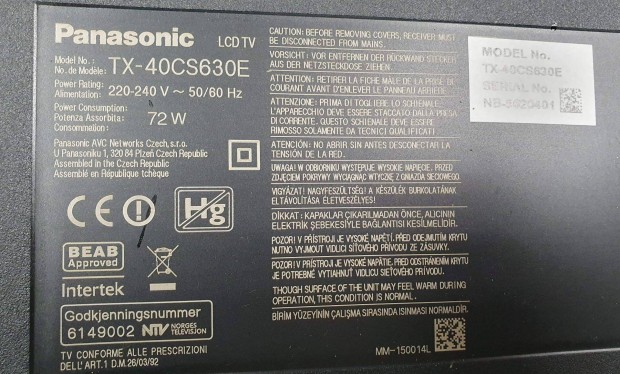 Panasonic TX-40CS630E LED tv hibs trtt alkatrsznek main elkelt
