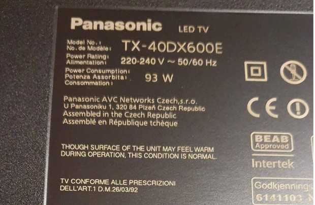 Panasonic TX-40DX600E LED LCD tv hibs alkatrsznek 7 villogs