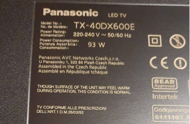 Panasonic TX-40DX600E LED LCD tv hibás alkatrésznek 7 villogás