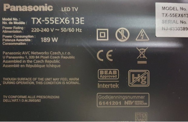 Panasonic TX-55EX613E LED LCD tv hibs trtt alkatrsznek