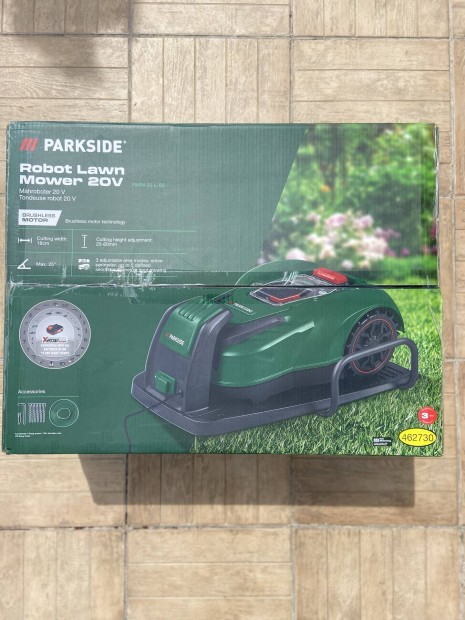 Parkside új akkus robotfűnyíró gyári dobozában + ajándék akkus behajtó