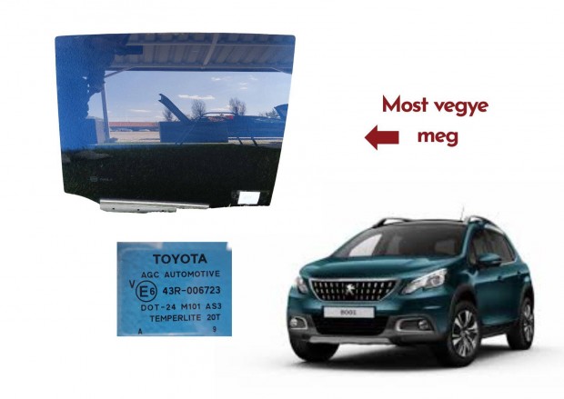Peugeot 2008 1 gen. (2013-2020) Jobb hátsó ajtóablak DOT24M101AS3