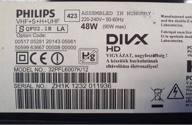 Philips 32PFL6007K/12 LED LCD tv LED hibs alkatrsznek main elkelt!