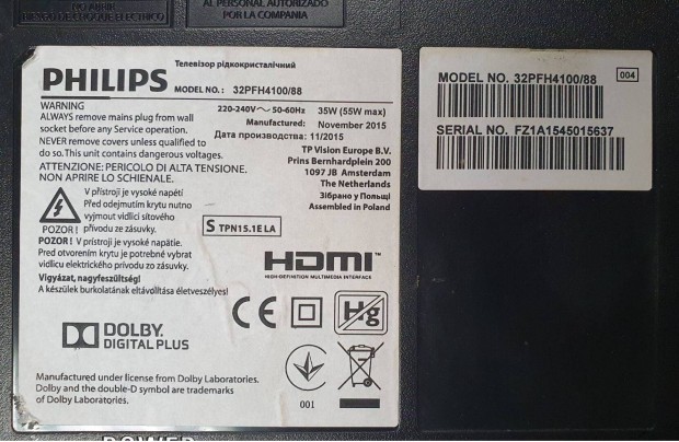 Philips 32Pfh4100/88 LED LCD tv hibs trtt alkatrsznek