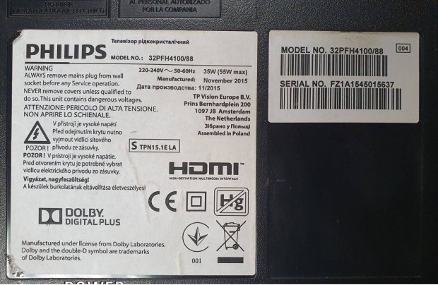 Philips 32Pfh4100/88 LED LCD tv hibs trtt alkatrsznek